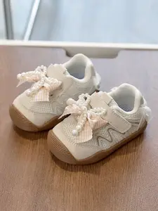 Girls' Light Plaid Bowknot Pearl Decorative Breathable Low Top Sneakers, Magic Tape Non-Slip Soft Sole for Daily Walking Non Slip Trainers