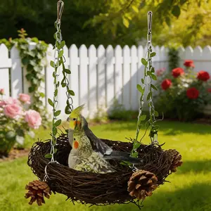 Parrot Bird Nest Made of Grass Woven Nest Breeding Box Warm Natural Pine Cone Vine Hanging Decoration Outdoor Birdhouse Large 150g Small 110g