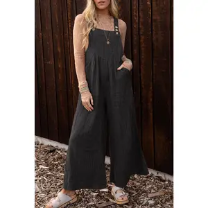 Black Striped Pleated Wide Leg Pocketed Jumpsuit