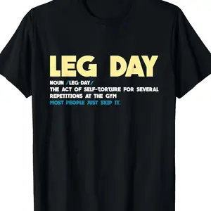 Black Oversized Leg Day Definition Gym T-Shirt Casual Workout Tee with Embossed Yellow Lettering Machine Washable Perfect for Gym or Casual Wear Fitness Clothing Funny Fitness T-Shirt Knitted Cotton Fabric Menswear Soft