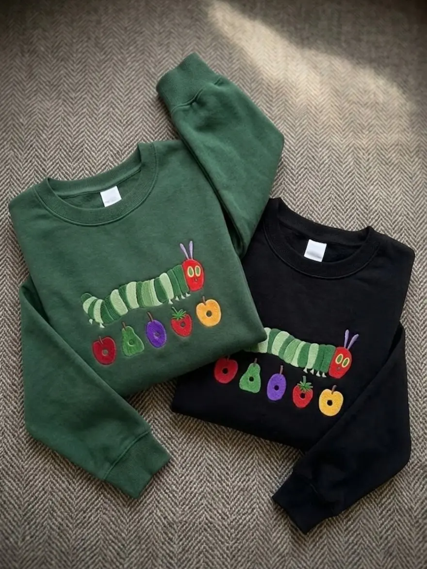Hungry Caterpillar Embroidered Sweatshirt, Hungry Worm Crewneck, Worm Eats Fruit Embroidery Shirt, Kids Worm Shirt, Eat The Rich Shirt