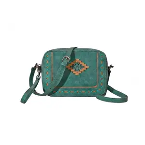 Montana West Women's Western Aztec Laser-Cut PU Leather Crossbody Bag, featuring Zip Closure, Adjustable Strap, Multiple Pockets, and Top Zip