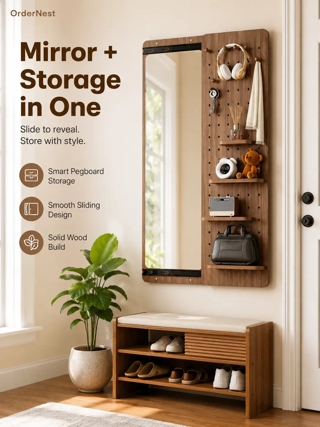 Wall Mounted Full Length Mirror with Storage, Walnut Entryway Organizer Mirror with Hooks & Floating Shelves, Sliding Pegboard Full Body Mirror for Bedroom, Living Room Decor, Jewelry Makeup Hat Organizer, Space Saving Home Organization