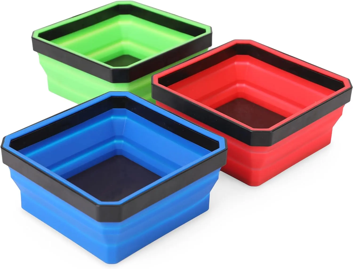 PR1ME Collapsible Magnetic Parts Tray Set, Foldable Magnetic Tray, 3 Pieces 4.25 inch Square Silicone Bowls with Magnetic Base Stores and Organizes