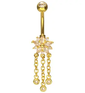 Gold PVD Flower Triple Clear CZ Dangle Stainless Steel Belly Button Ring