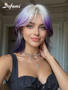 14 Inch Multi-Color Bangs Short Hair Synthetic Fiber Wig, Heat Resistant High Temperature, Holiday Wear, Durable & Stylish, Synthetic Material Wigs