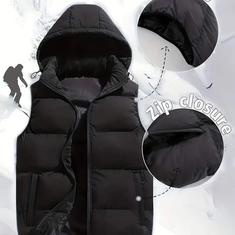 Men’s solid-color vest for autumn/winter outdoor wear—fashionable, thick casual design with fleece lining for warmth; detachable hood; zippered pockets; portable winter jacket providing cold protection.A shrug suitable for wear in various settings.