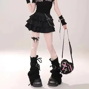 Y2K Baddie Black Denim Leg Warmers Slimming Drawstring Stackable Socks CrossDesign Niche Boot Sleeves Flared Sock Ins Style Fashion Trend