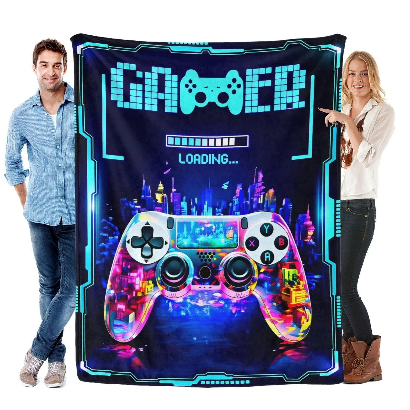Gamer Flannel Throw Blanket - Neon Print Neon Game Controller City Design, Flannel Fabric, Multiple Sizes, Warm Cozy Gaming Gift for Boys, Bedroom Decor