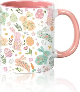 Easter Mug Easter Egg Bunny Coffee Mug Colorful Rabbit Flower Carrot Ceramic Drinking Mugs for Easter Spring Party Supplies Table Centerpieces, 11 Oz