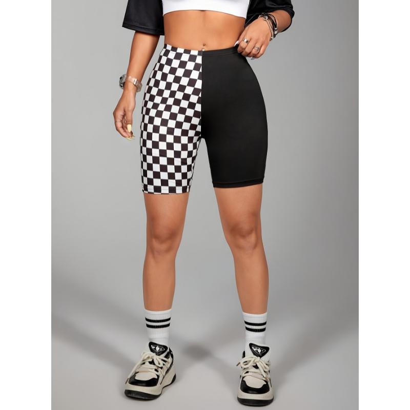 1pc Women'S High-Waisted Cycling Yoga Shorts, Modest Style, 95% Polyester 5% Spandex, Knit Fabric, All-Season, Black and White Gingham Pattern, Color Block Design