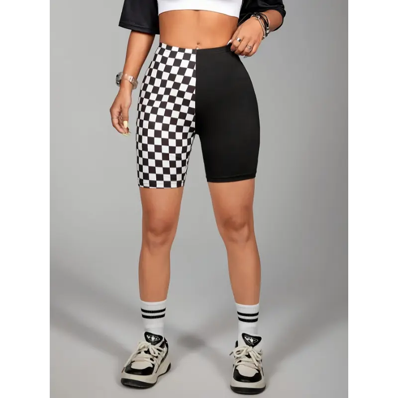 1pc Women'S High-Waisted Cycling Yoga Shorts, Modest Style, 95% Polyester 5% Spandex, Knit Fabric, All-Season, Black and White Gingham Pattern, Color Block Design