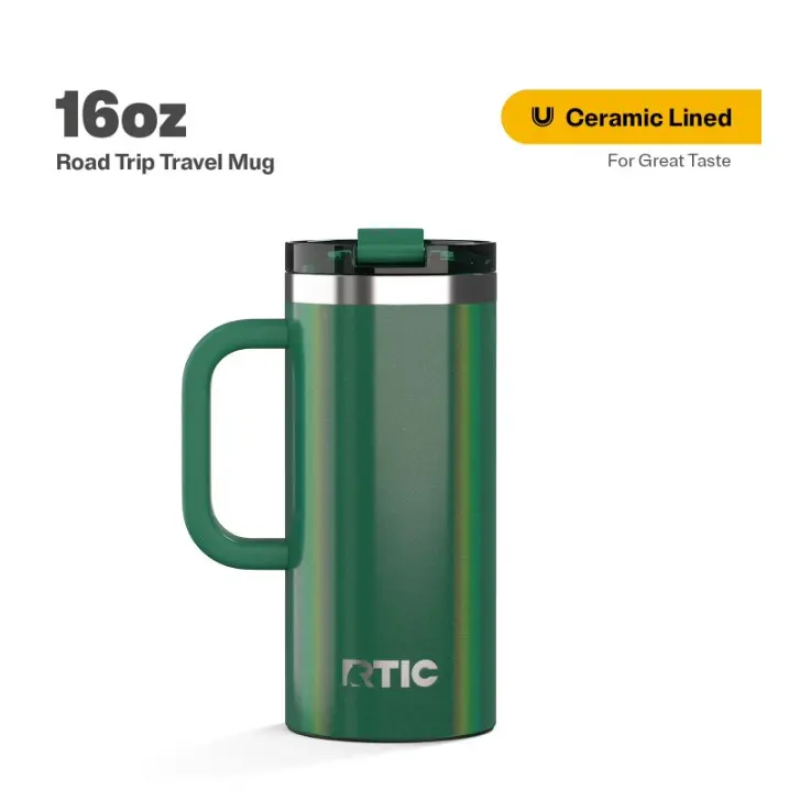RTIC 16 oz Ceramic Lined Insulated Road Trip Travel Mug, Leak-Resistant Lid, Pine Tree Glitter