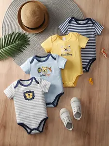 4-piece baby triangular jumpsuit, short-sleeved cotton jumpsuit for boys, daily home wear, cute animal sports and crawling wear