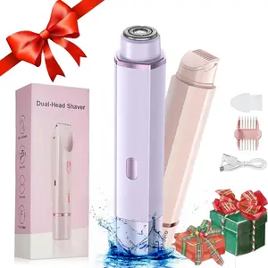 Bikini Trimmer for Women, Christmas Gifts, Cordless Electric Shaver and Razor Rechargeable 2-in-1 Body and Facial Hair Removal Double Head for Painless Sensitive Trimming of Pubic Face Underarm Legs, IPX7 Waterproof, Purple/Pink