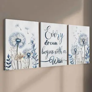 3-Piece Wood Frame Canvas Art Set, Inspirational Dandelion Floral Print Posters, Modern Home Decor, Waterproof Wall Art, Living Room & Hallway Decoration, Wall Art Painting