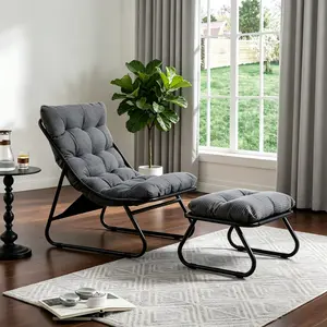 Patio Lounge Chair with Ottoman, Comfy Sling Recliner Chair with Thick Padded Cushion & Foot Stool, 300lbs Capacity, Metal Frame, Accent Chair for Living Room, Bedroom, Reading Nook, Grey Cushion