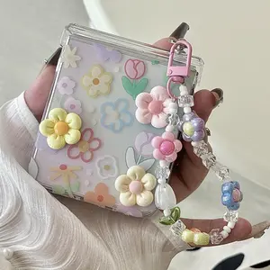 Lovely Flower Wrist Strap Cover For Samsung Galaxy Z Flip 7 Hinge Protective Case For Samsung Z Flip6 5 4 3 Hard Korean Case
