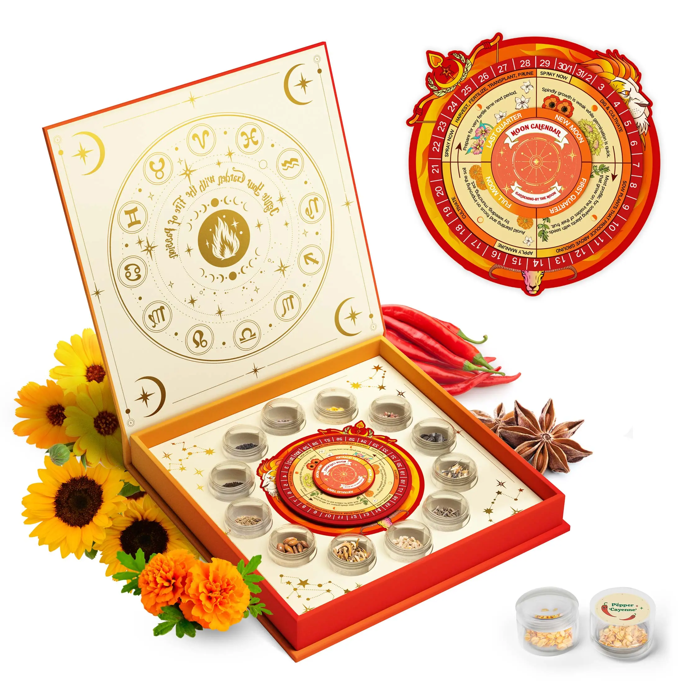 LUSH&DEW Zodiac Seed Bank with Moon Calendar for Fire Signs Aries Leo Sagittarius - 12 Vibrant Seed Varieties for Bold Plants and Lunar Planning - DIY Ornament & Gardening Gift