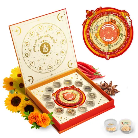 LUSH&DEW Zodiac Seed Bank with Moon Calendar for Fire Signs Aries Leo Sagittarius - 12 Vibrant Seed Varieties for Bold Plants and Lunar Planning - DIY Ornament & Gardening Gift