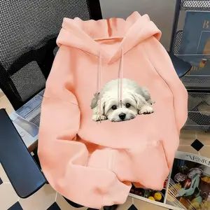 Women's Dog Print Hoodie with Kangaroo Pocket & Fluffy Sleeve Trim, Cute Maltese Dog Pocket Design Sweatshirt, Cozy Fall Winter Sweater, for Casual Outfits Parties Daily Wear, Pet Lover Apparel, Machine Washable