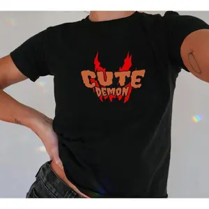 Cute Demon Halloween Baby tee Aesthetic Gen Z Shirt 90s retro tee Gothic Alternative y2k baby tee trendy Evil cropped tee