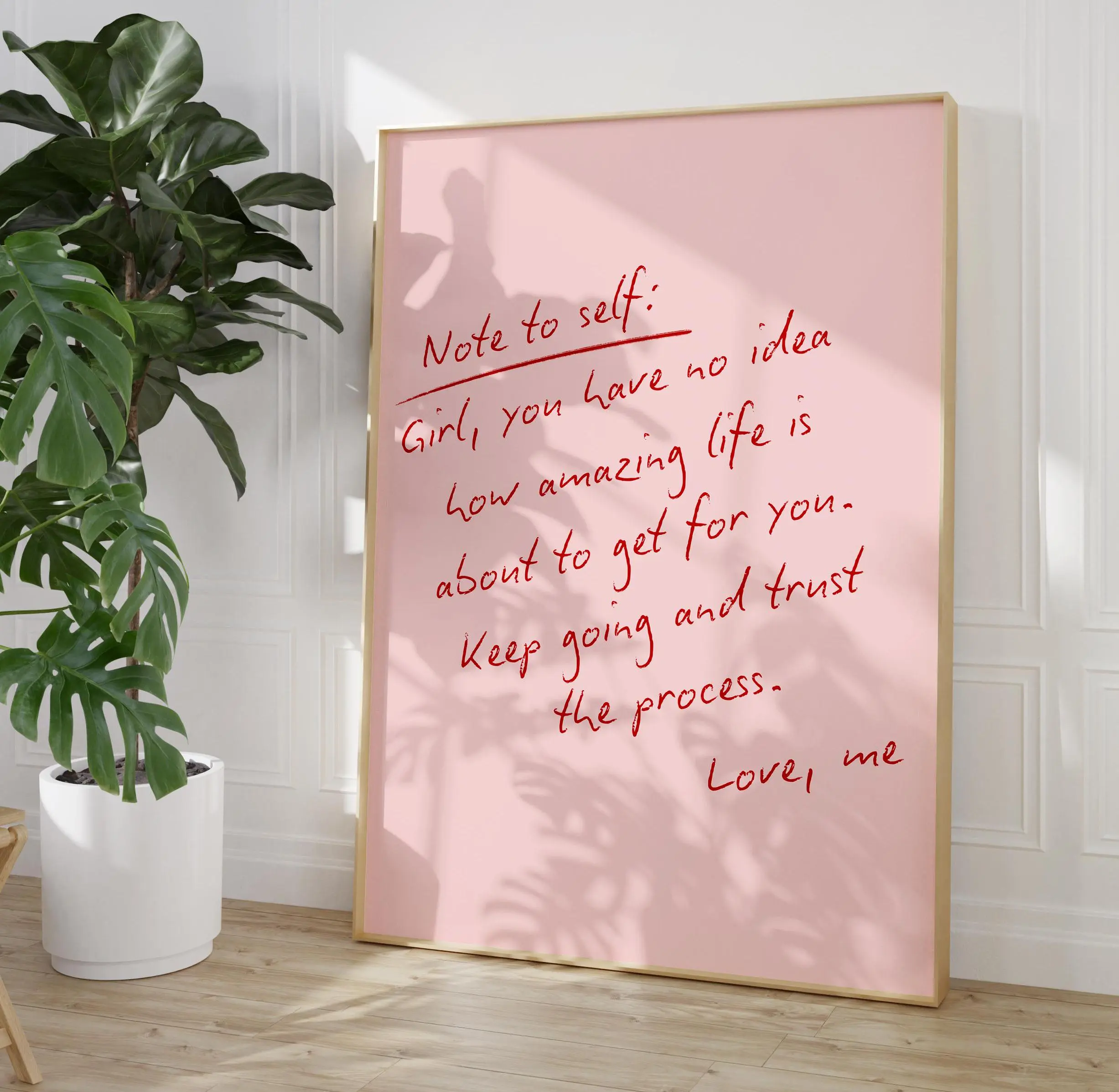 Pink girly "Note to self" print wall art, pink motivational positive mindset poster