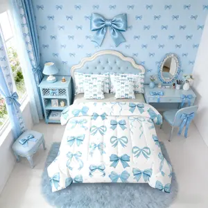 Blue Ribbon Bow Bed Bag,Dreamy Princess Bows Comforter Bed Set with Sheets,Kids Teens Women Girls Bedroom,Kawaii Bow Tie 7 Piece Bedding Set,Bowknot Bed Set