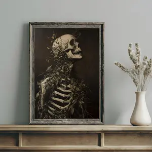 1pc Vintage Botanical Skeleton Skull Poster - Art Deco Classic Retro Gothic Dark Academia Canvas Art Print for Living Room, Bedroom, Bathroom, Dining Room - Fashion Theme Frameless Wall Art Indoor Decor Artistic