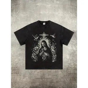Percent Cotton Heavy Weight Washed Black Short Sleeve Religious Trendy T Shirt Virgin Mary Pattern with Cross Tee
