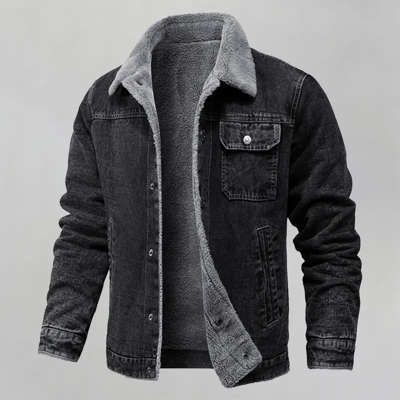 Vintage Washed Denim Jacket for Men Sherpa Fleece Lined Warm Winter Trucker Coat Lapel Collar Casual Streetwear Outerwear