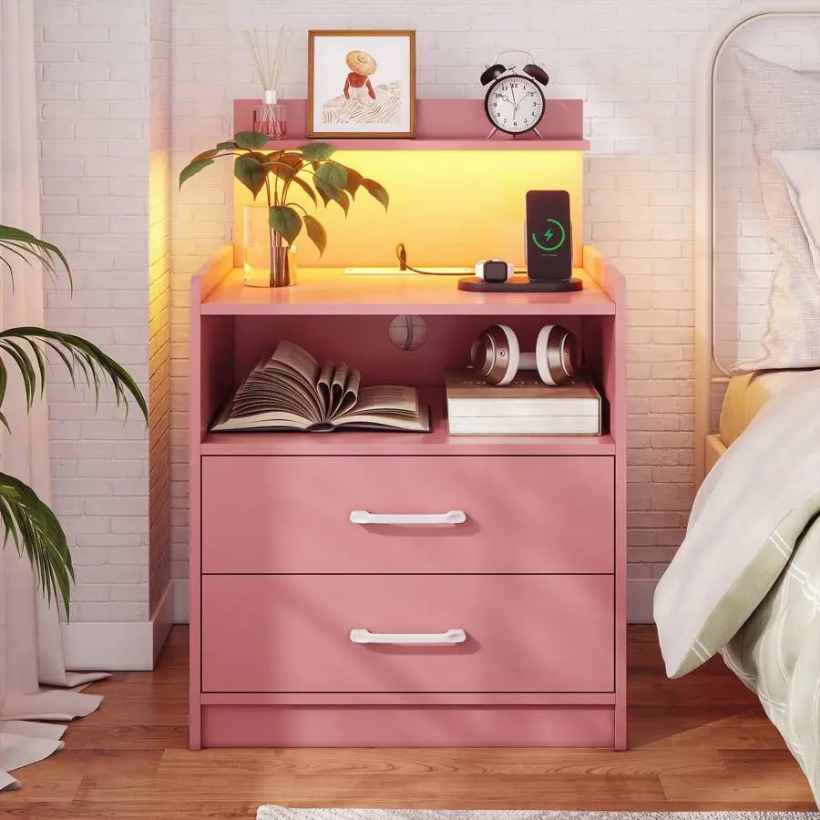 Modern LED Nightstand with Charging Station - Bedroom Nightstand, 2-Drawer Bedside Table with Open Storage, USB Ports and Outlets