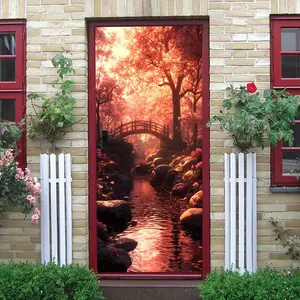 2pcs Romantic Cherry Blossom Tree Bridge Scenery Wall Sticker Self Adhesive Removable Wallpaper Decal for Living Room Bedroom Home Decor Mural  Collage Self-Adhesive Door Sticker