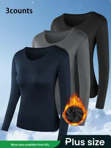 Women's Plus Size Fleece Lined Long Sleeve Top, Round Neck Warm Shirt, High Stretch Soft Comfortable, Fall & Winter Home Wear, 3 Pack