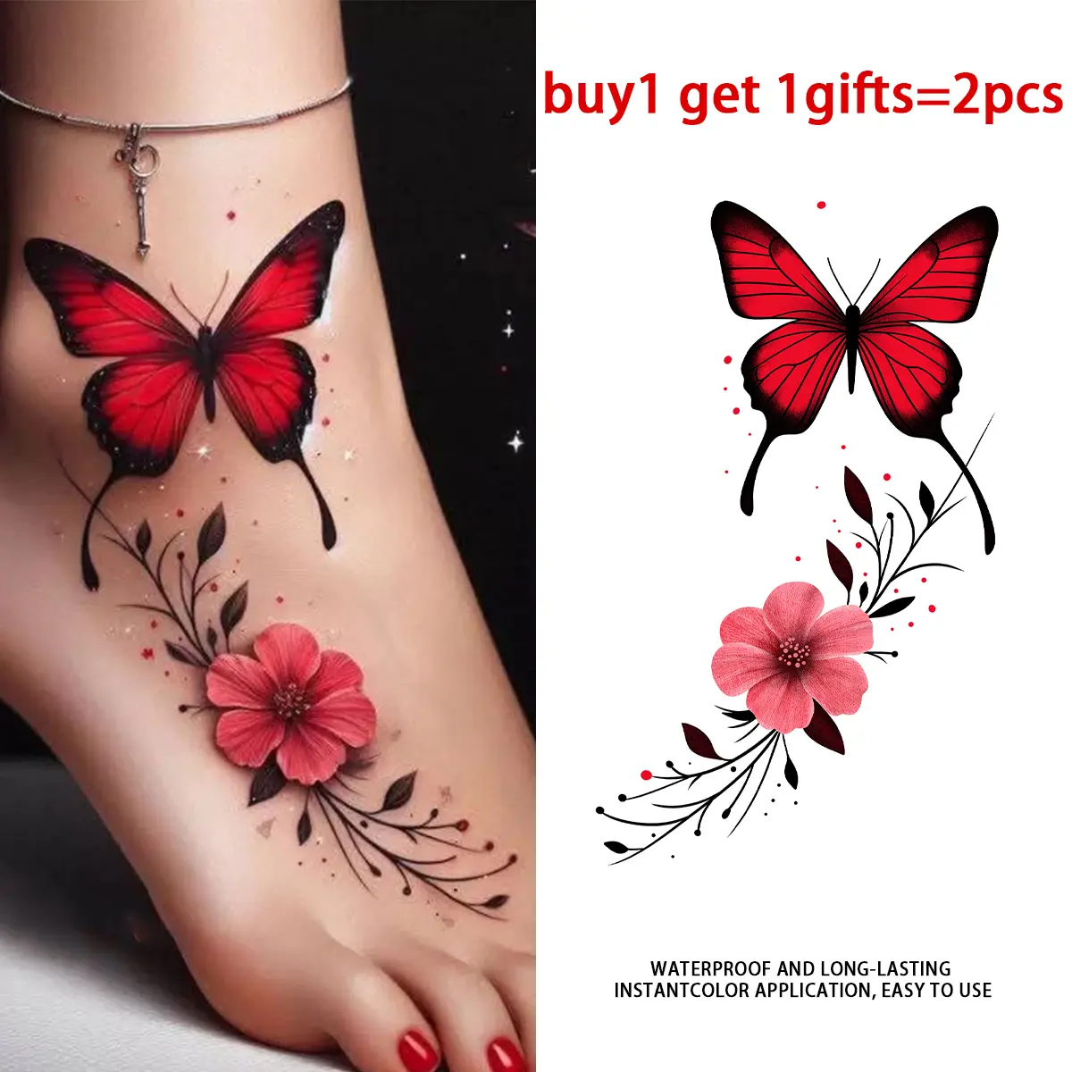Women's Red Butterfly & Pink Floral Ankle Temporary Tattoo Stickers - 2 Sheets, All Skin Safe, Easy Apply, 30-Day Long-Lasting Semi-Permanent, Waterproof, Sweat-Resistant, Non-Reflective Realistic Fake Botanical Body Art, Temporary Tattoos