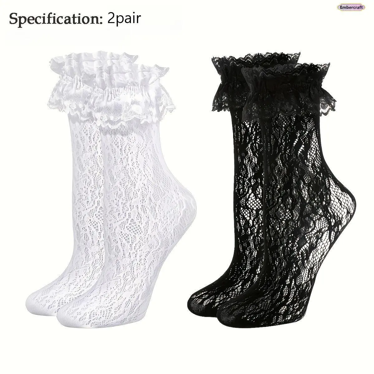 Women's 2-Pair Y2K Lace Crew Socks, Black & White Coquette Frilly Breathable Lightweight Aesthetic Knee-High/Slouch Style, Casual Spring Summer Daily Wear Balletcore Outfit Accessories