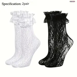 Women's 2-Pair Y2K Lace Crew Socks, Black & White Coquette Frilly Breathable Lightweight Aesthetic Knee-High/Slouch Style, Casual Spring Summer Daily Wear Balletcore Outfit Accessories