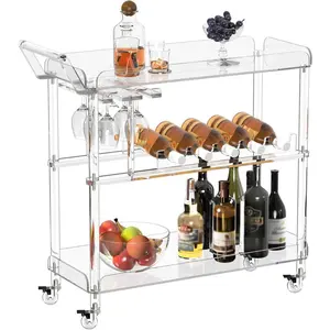 Acrylic Bar Cart with 4 Lockable Wheels, Clear Serving Cart with Wine Rack and Glass Holder, Rolling Beverage Cart for Home, Kitchen, Dinning Room, 33.7" L x 13" W x 34.8" H