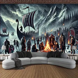 1pc Oversized 243.84x182.88 cm Dark Fantasy Norse Warriors Tapestry - Polyester Fiber Wall Hanging for Living Room, Bedroom, Party Decor - Epic Viking Battle Scene with Dragons & Campfire Artwork, Viking Decor, Event Decoration, Bold Color Design