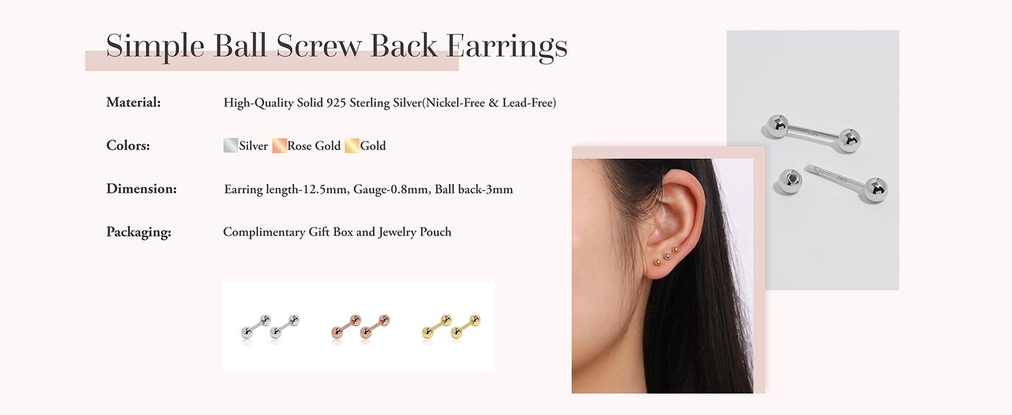 Meissa Simple Ball Screw Back Earrings S925 Silver Studs Dainty Minimalist Unisex Safety Cartilage Ball Earrings for Multi Piercings Tongue Lip Eyebrow Staple Stackable Hypoallergenic Comfort Sleep-On Jewelry Gift for Her Him Adults Christmas