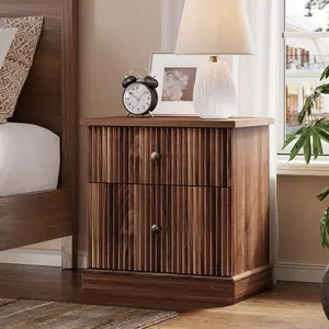 Fluted Nightstand with Drawers, Mid Century Modern Bedside Table, Brown Wood Nightstand with Storage Drawers, Space-Saving End Table for Living Room, Bedroom & Guest Room, Brown