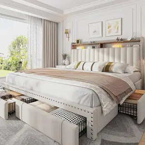 Bed Frame With 3 Drawers & 2-Tier Storage Headboard,Upholstered Platform Bed Frame Heavy Duty Wood Slats Support, No-Noise, Cama Queen, Easy Assembly