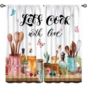 2 Panel 28"X40" Retro Farmhouse Kitchen Curtains, Rustic Funny Quotes Colorful Spoons Butterfly Floral Flower Rod Pocket Window Curtains For Bedroom Living Room