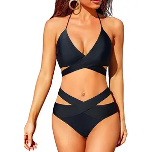 Holipick Two Piece Bikini Sets for Women High Waisted Bikini Push Up Swimsuit Halter Wrap Criss Cross Bathing Suit Triangle Bikini Top Bandage Tie Front Swimsuit with V Cut Bikini Bottoms Twist Front Bikini Top with Full Coverage Bottom