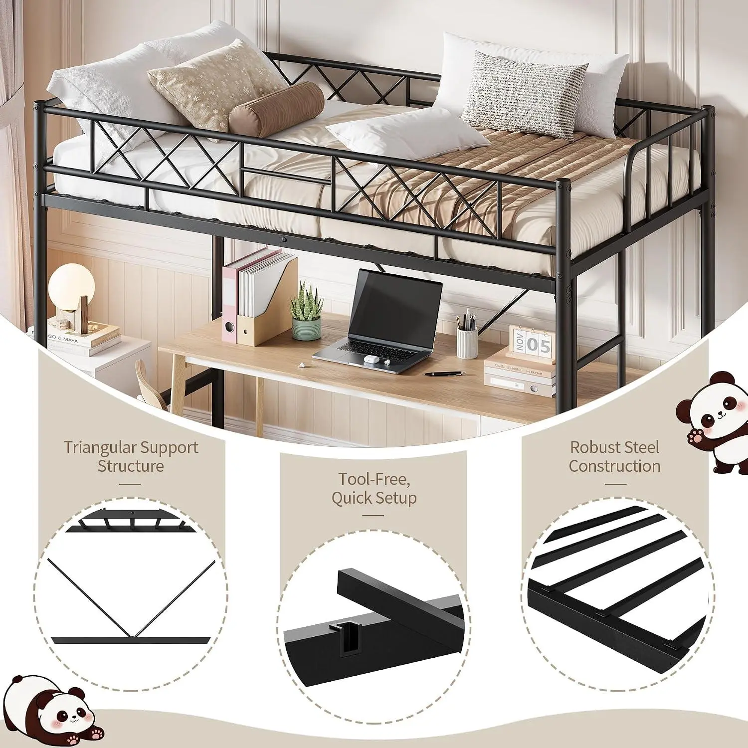 Twin over Twin Bunk Bed with Stairs for Adults & Teens, Heavy-Duty Metal Frame with Full-Length Guardrails & Sturdy Slats,