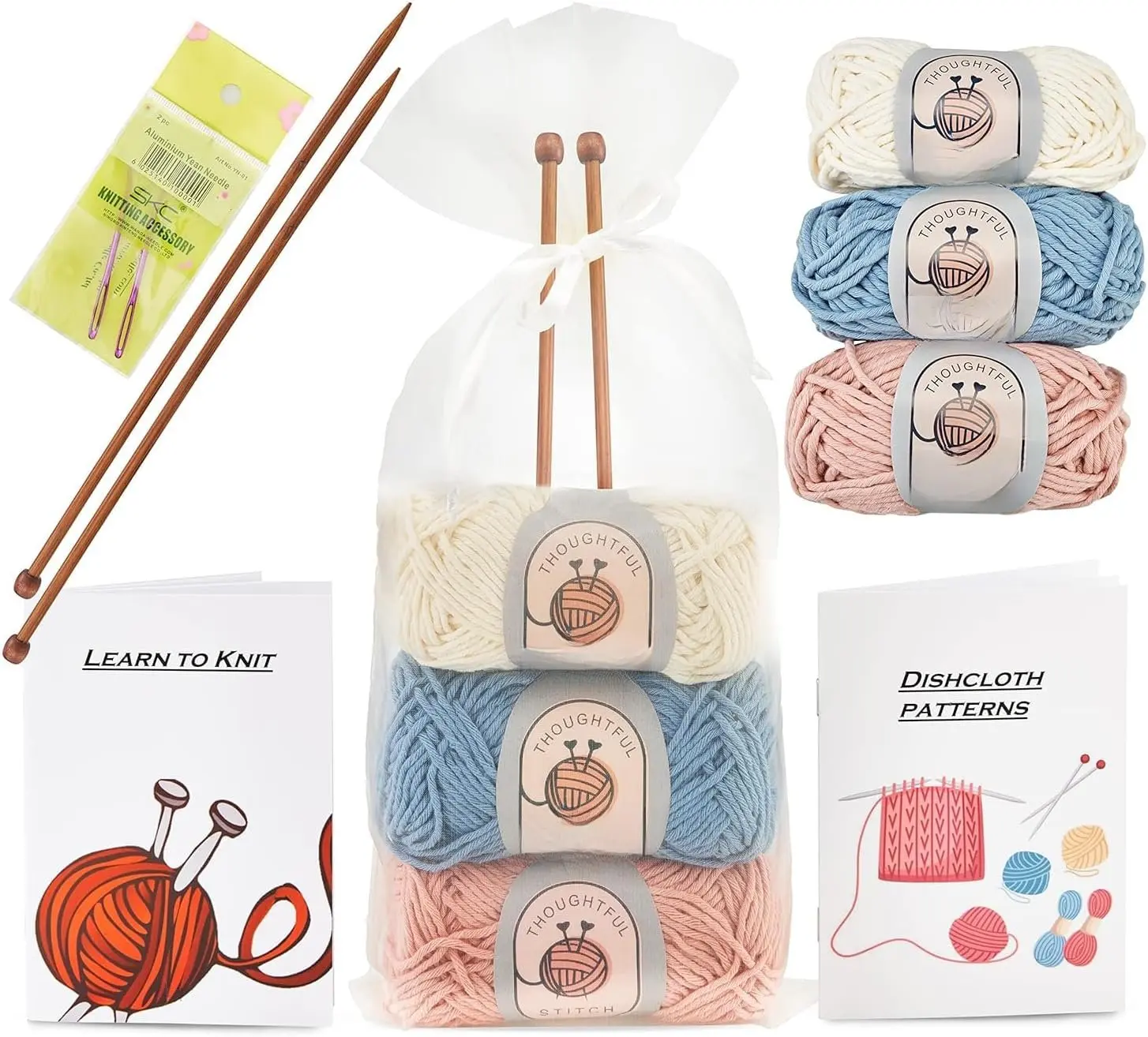 Knitting Kit for Beginners Adults &  Friendly- Complete Knitting Kit - Learn to Knit Yarn Set with Tutorial Book for Adult Hobbies -  Cotton  &  Knitting