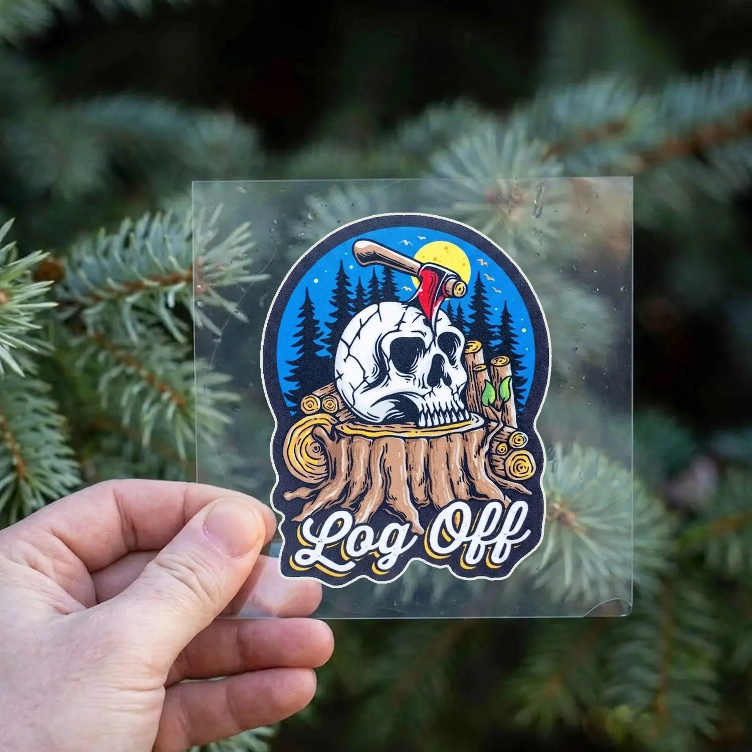 Log Off Skull Outdoor Sticker, Funny Camping Hiking Vinyl Decal, Nature Adventure Waterproof Sticker for Laptop, Water Bottle, Car