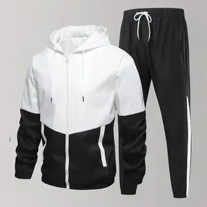 Men’s Casual 2-Piece Sports Set Unisex Four-Season Spring Autumn Loose Color-Block Outfit with Hooded Zip-Up Jacket Long-Sleeve Coat Joggers Gym Workout Running Outdoor Suit Elastic Waist Pants Hoodie Top and Pants Two-Piece Versatile