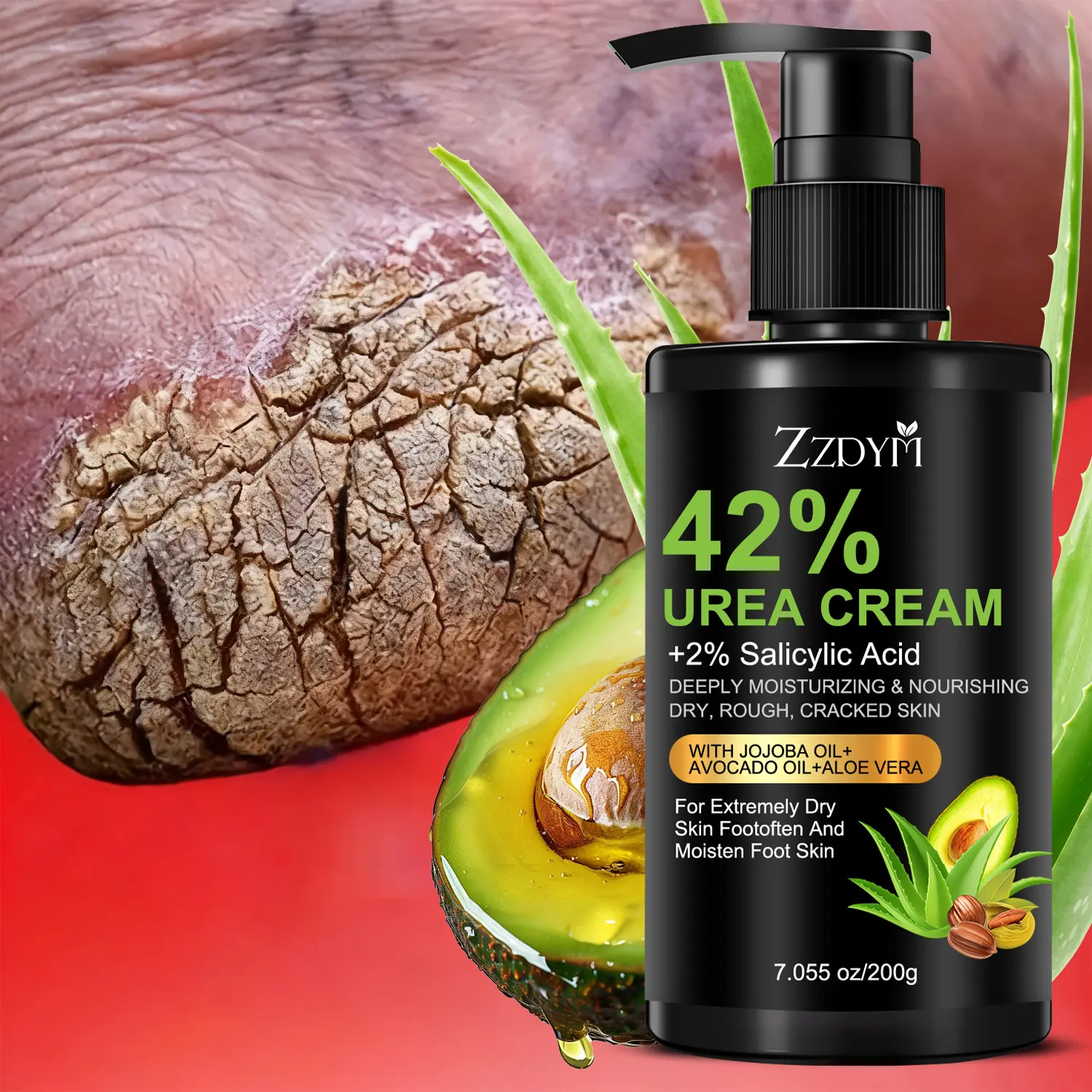 Avocado, Aloe Vera, Jojoba Oil, Urea Foot Cream, Cracked Foot Cream, Moisturizer: deeply hydrates, softens rough skin, soothes dryness, repairs calloused skin, provides long-lasting moisture, relieves severe cracking