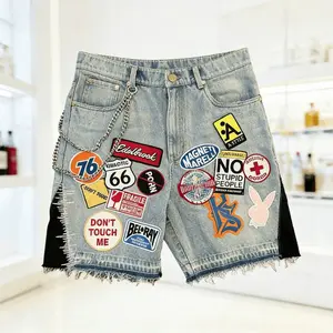Retro Patchwork Denim Shorts Men Women Y2K Streetwear Loose Fit Graphic Jean Shorts Hip Hop Casual Outdoor Summer Shorts